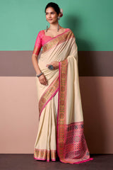 Engaging Beige Patola Silk Saree with Luxuriant Blouse Piece