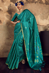Incomparable Rama Banarasi Handloom Silk Saree With Flameboyant Blouse Piece