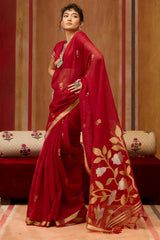 Innovative Red Pure Munga Cotton Silk Saree With Enigmatic Blouse Piece