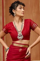 Innovative Red Pure Munga Cotton Silk Saree With Enigmatic Blouse Piece