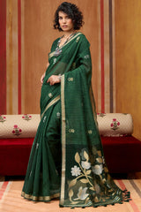 Inimitable Dark Green Pure Munga Cotton Silk Saree With Effulgent Blouse Piece