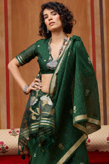 Inimitable Dark Green Pure Munga Cotton Silk Saree With Effulgent Blouse Piece