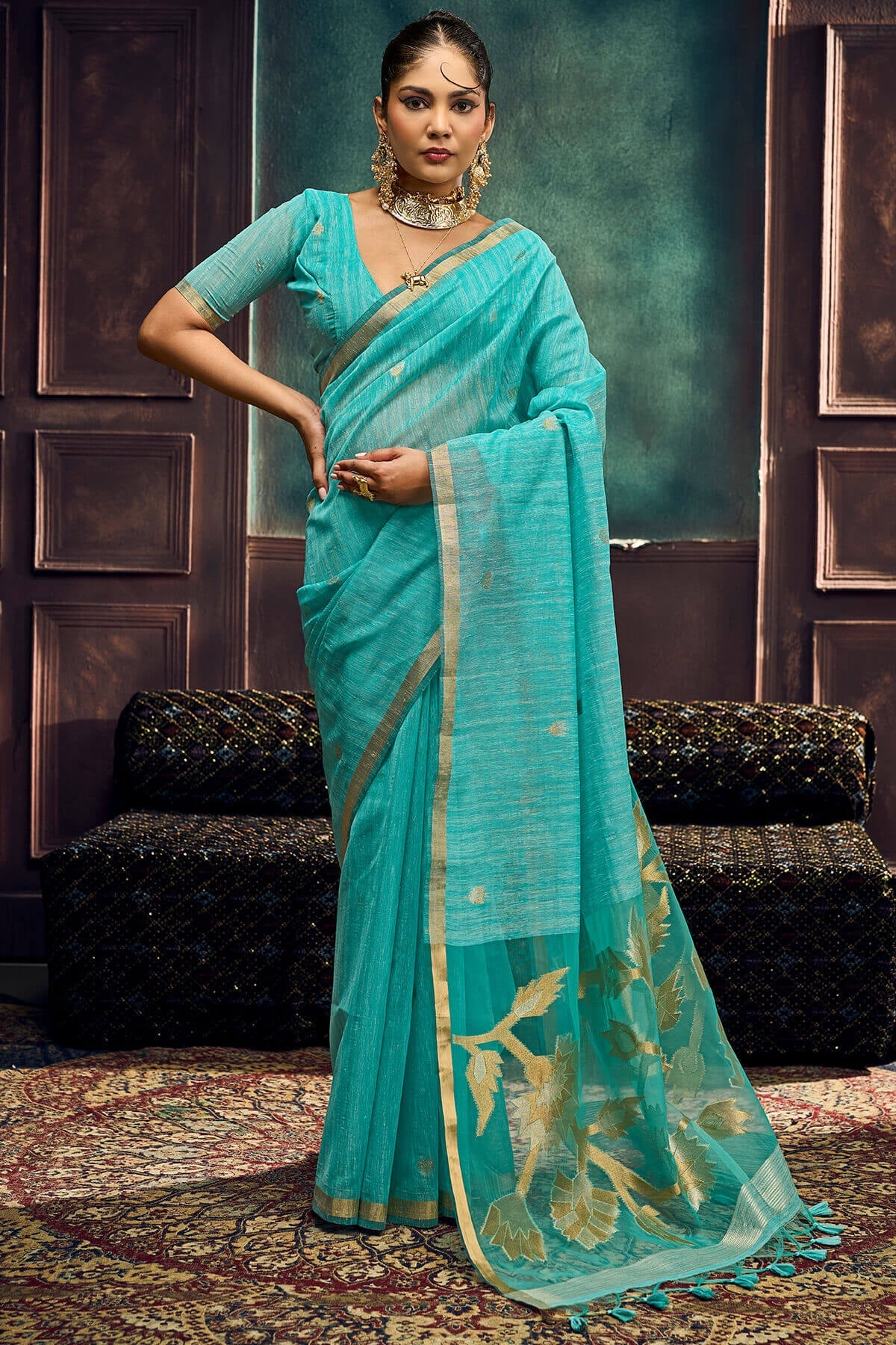 Mesmeric Turquoise Pure Munga Cotton Silk Saree With Exquisite Blouse Piece