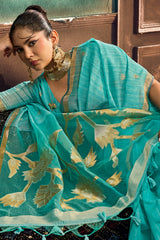 Mesmeric Turquoise Pure Munga Cotton Silk Saree With Exquisite Blouse Piece