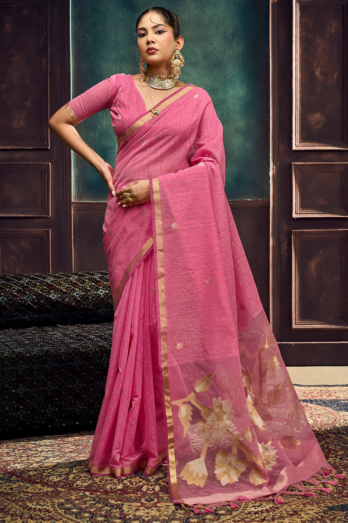 Desiring Pink Pure Munga Cotton Silk Saree With Sonorous Blouse Piece