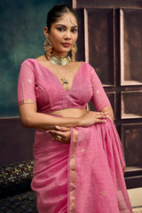 Desiring Pink Pure Munga Cotton Silk Saree With Sonorous Blouse Piece
