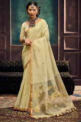Enticing Beige Pure Munga Cotton Silk Saree With Tremendous Blouse Piece