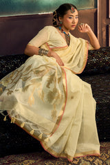 Enticing Beige Pure Munga Cotton Silk Saree With Tremendous Blouse Piece