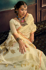 Enticing Beige Pure Munga Cotton Silk Saree With Tremendous Blouse Piece