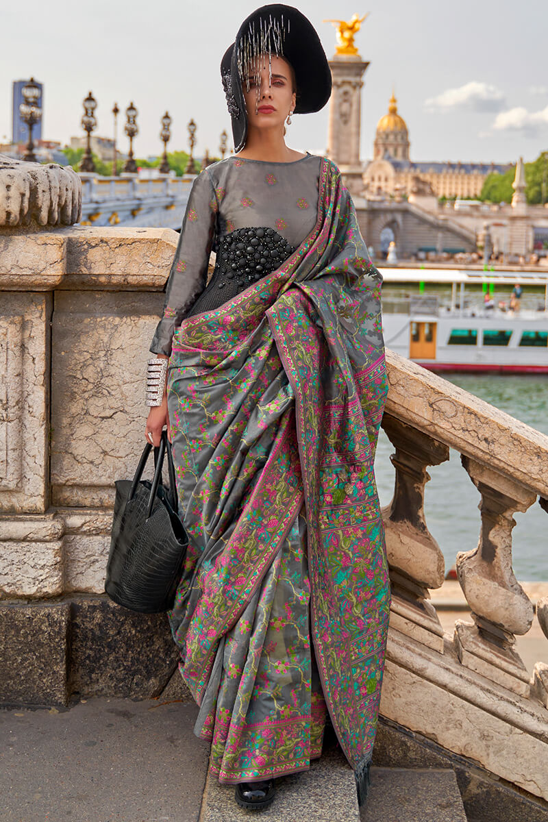 Diaphanous Grey Pashmina saree With Moiety Blouse Piece