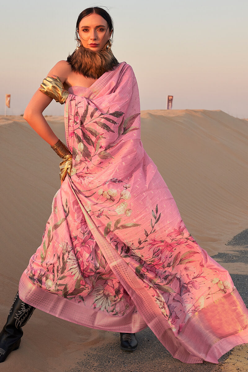 Hypnotic Pink Digital Printed Cotton Silk Saree With Preferable Blouse Piece