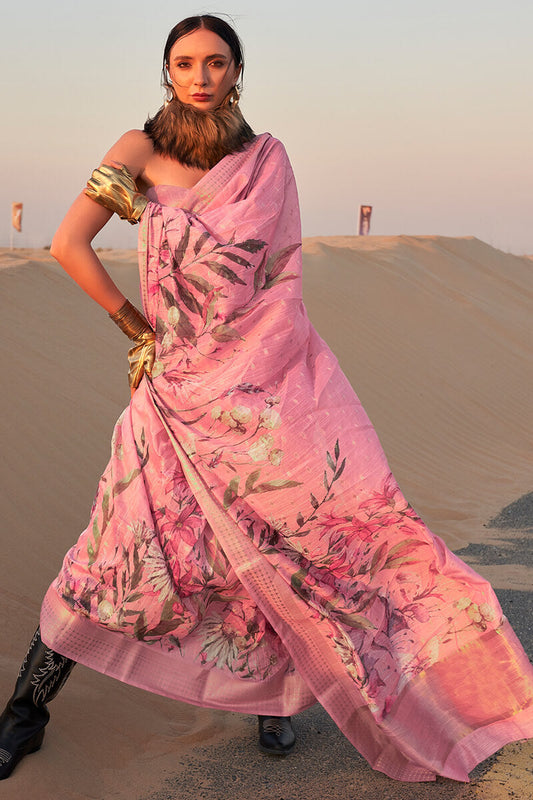 Hypnotic Pink Digital Printed Cotton Silk Saree With Preferable Blouse Piece
