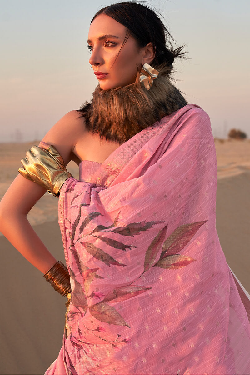 Hypnotic Pink Digital Printed Cotton Silk Saree With Preferable Blouse Piece