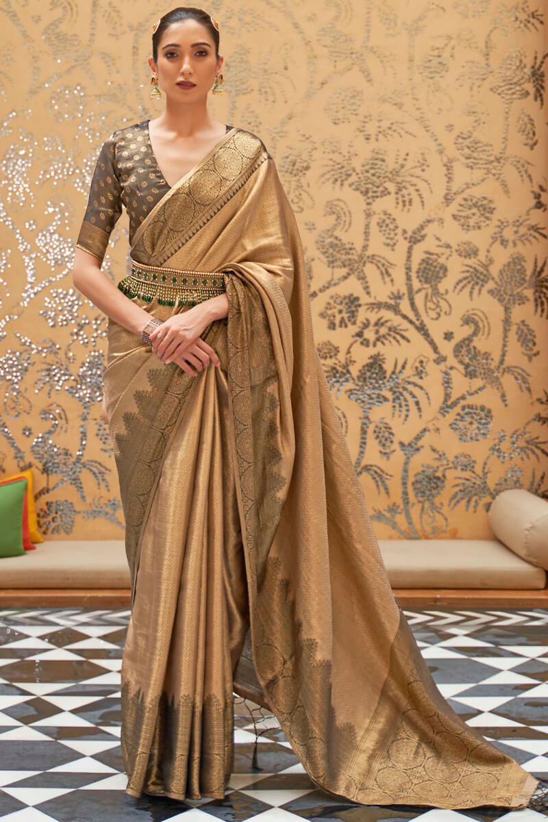 Amazing Beige Kanjivaram Silk Saree With Precious Blouse Piece