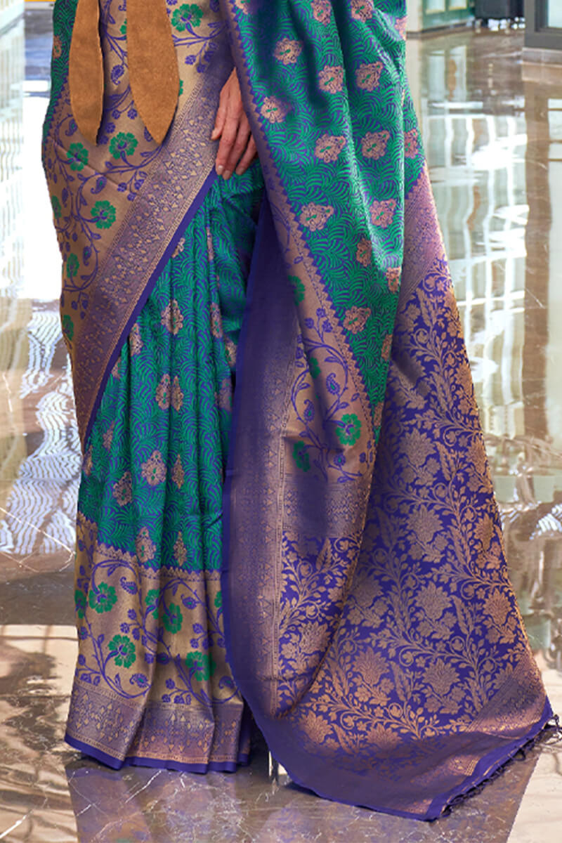 Girlish Rama Soft Banarasi Silk Saree With Arresting Blouse Piece