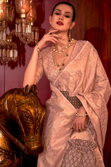 Staring Peach Soft Banarasi Silk Saree With Mesmerising Blouse Piece