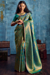 Pleasant Rama Kanjivaram Silk Saree With Stunning Blouse Piece