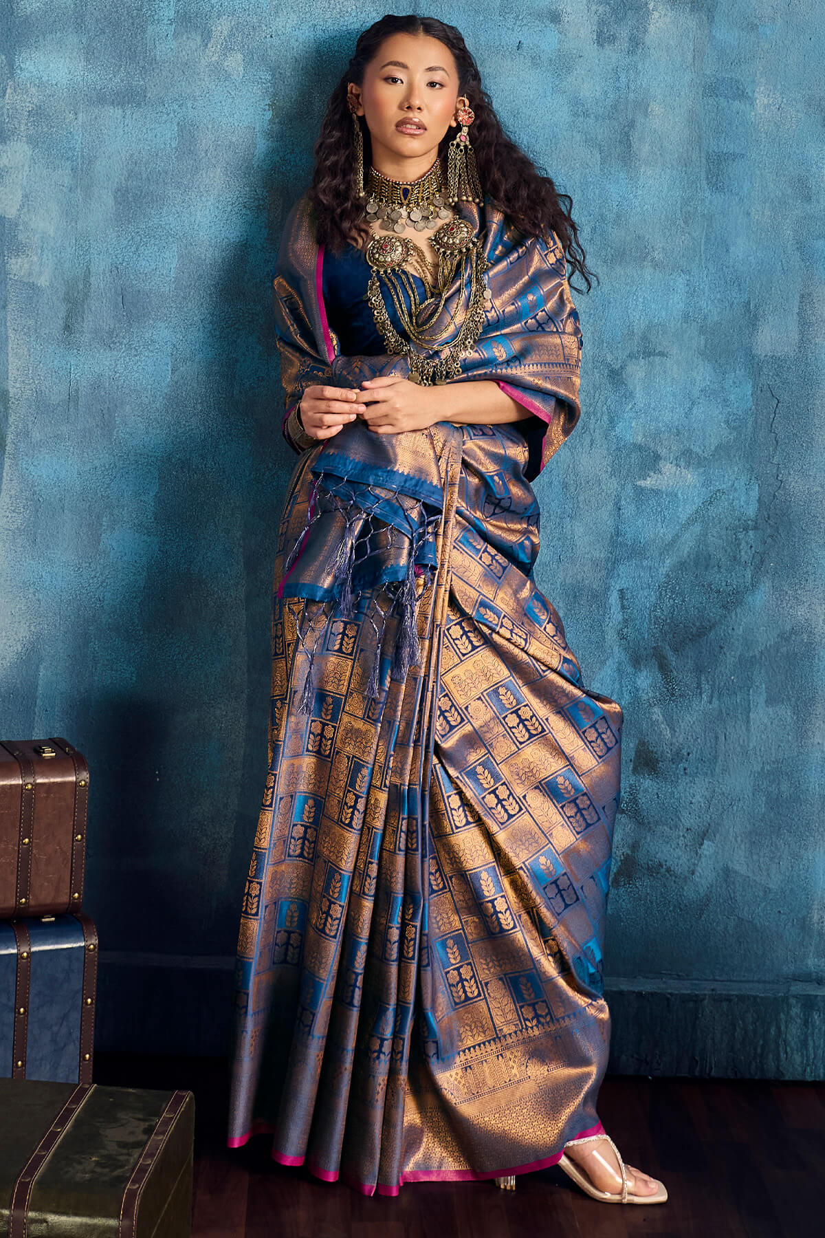 Confounding Navy Blue Kanjivaram Silk Saree With Groovy Blouse Piece