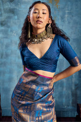 Confounding Navy Blue Kanjivaram Silk Saree With Groovy Blouse Piece