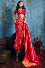 Efflorescence Dark Pink Kanjivaram Silk Saree With Blooming Blouse Piece