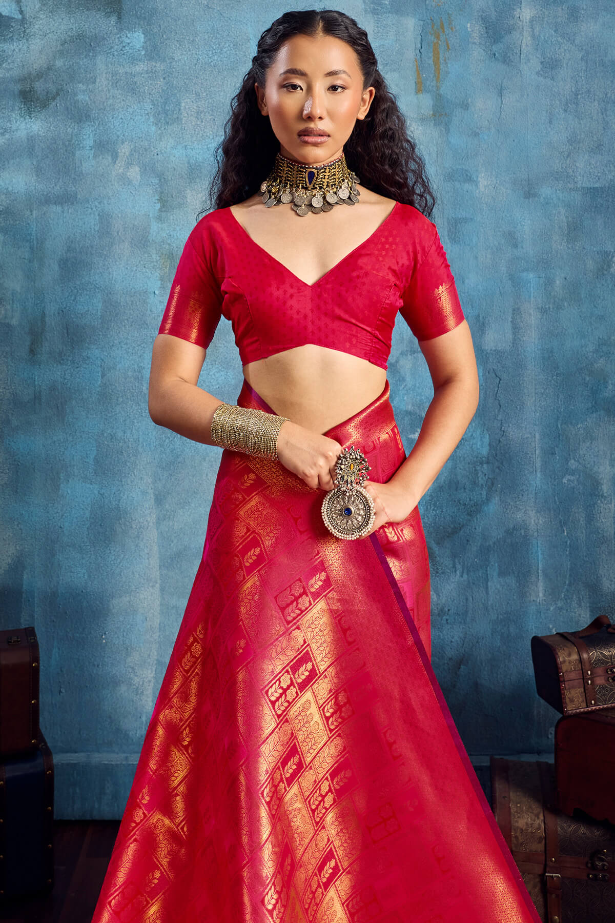 Efflorescence Dark Pink Kanjivaram Silk Saree With Blooming Blouse Piece