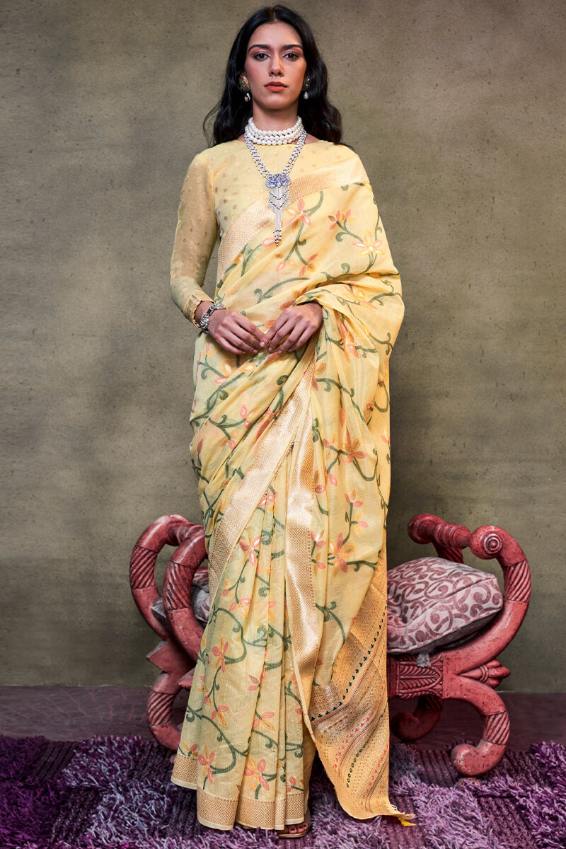 Allure Yellow Cotton Silk Saree With Opulent Blouse Piece - Mameraa