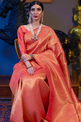 Amazing Orange Kanjivaram Silk Saree With Girlish Blouse Piece