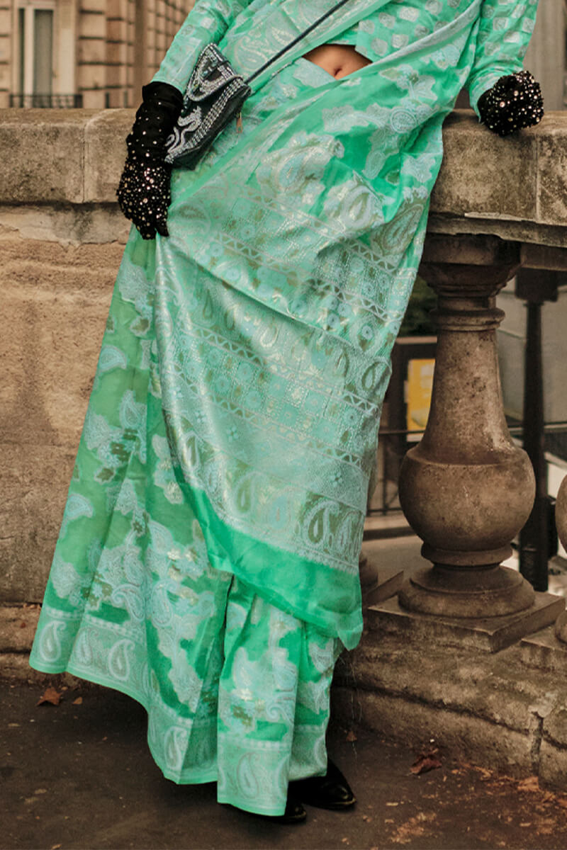Flattering Sea Green Lucknowi Silk Saree and Attractive Blouse Piece