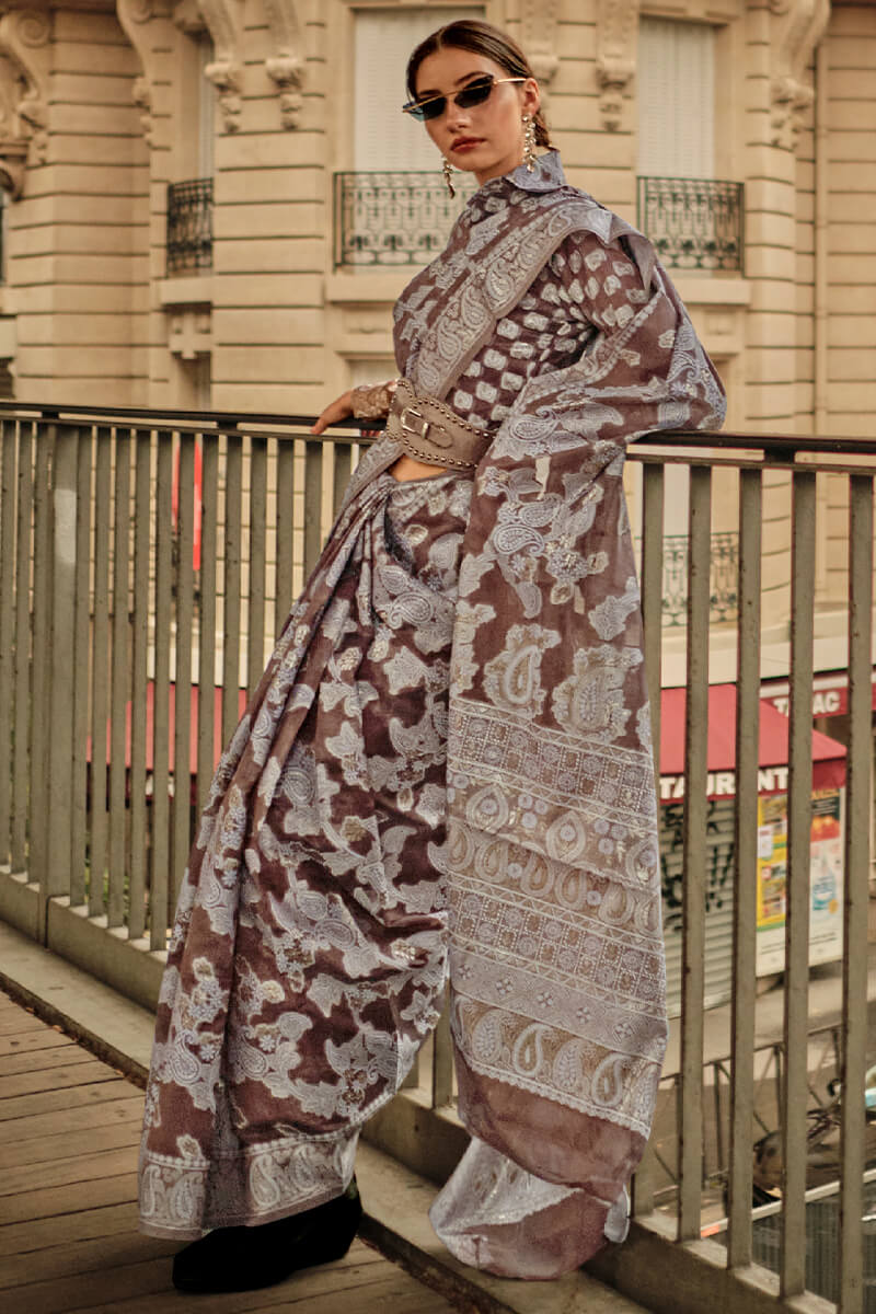 Phenomenal Brown Lucknowi Silk Saree and Charming Blouse Piece - Mameraa