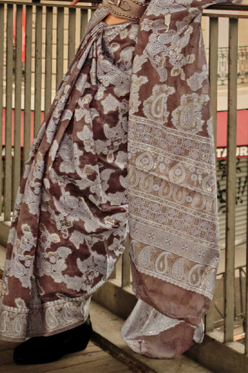 Phenomenal Brown Lucknowi Silk Saree and Charming Blouse Piece - Mameraa