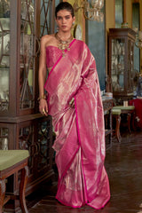 Snappy Dark Pink Kanjivaram Silk Saree With Elegant Blouse Piece