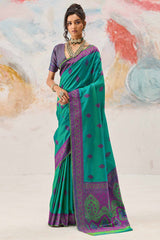 Symmetrical Sea Green Kanjivaram Silk Saree With Panache Blouse Piece