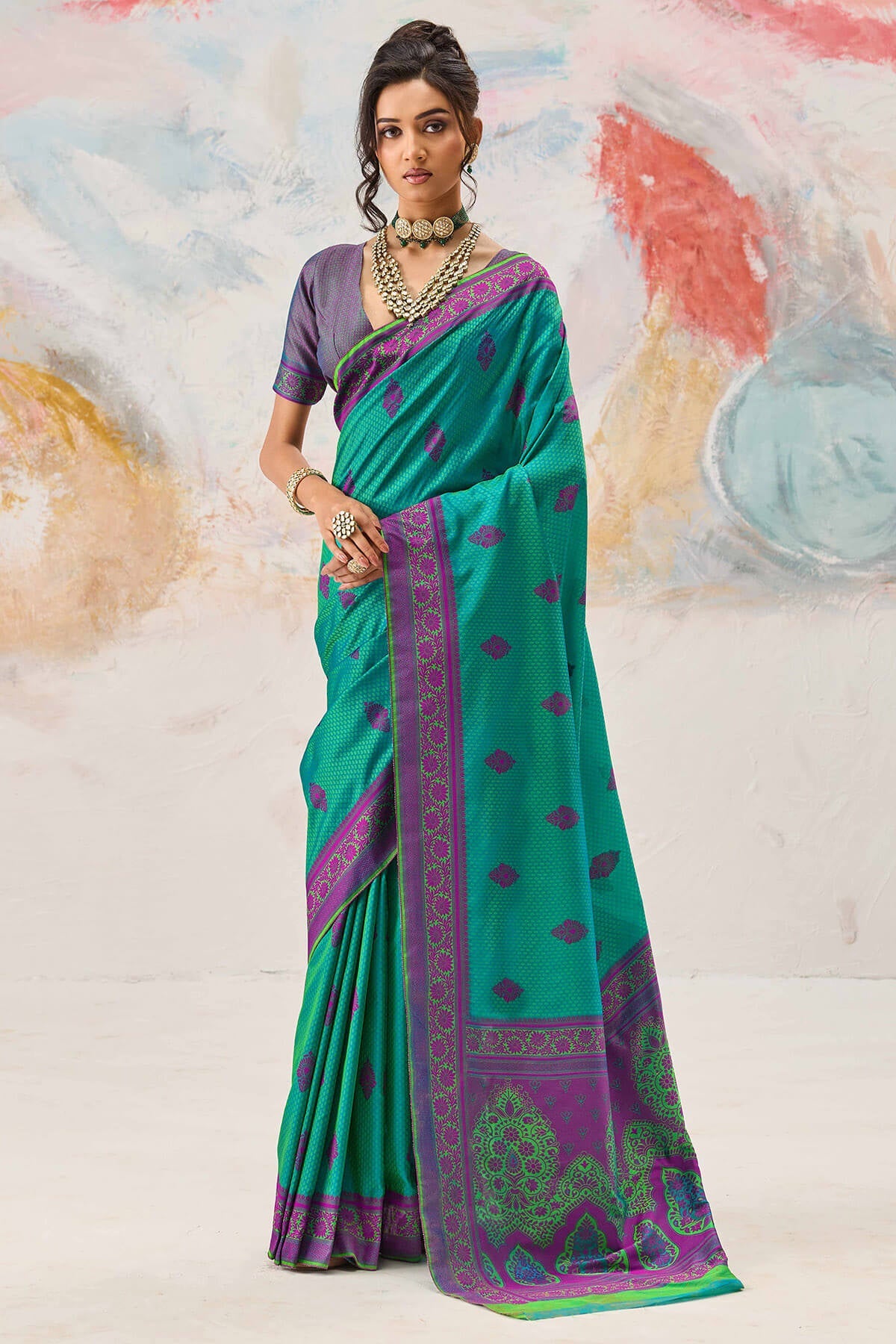 Symmetrical Sea Green Kanjivaram Silk Saree With Panache Blouse Piece
