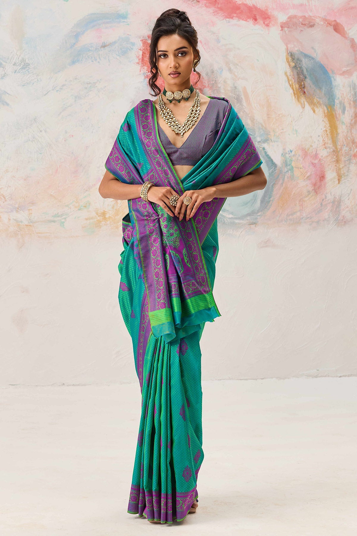 Symmetrical Sea Green Kanjivaram Silk Saree With Panache Blouse Piece