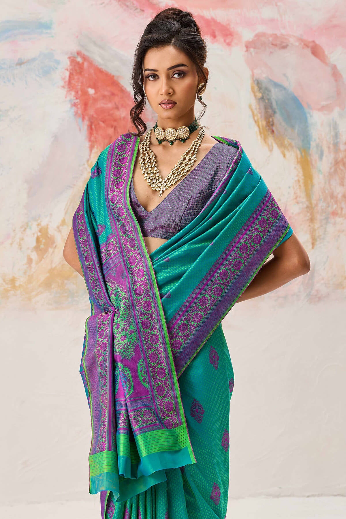 Symmetrical Sea Green Kanjivaram Silk Saree With Panache Blouse Piece