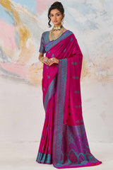 Denouement Dark pink Kanjivaram Silk Saree With Engrossing Blouse Piece