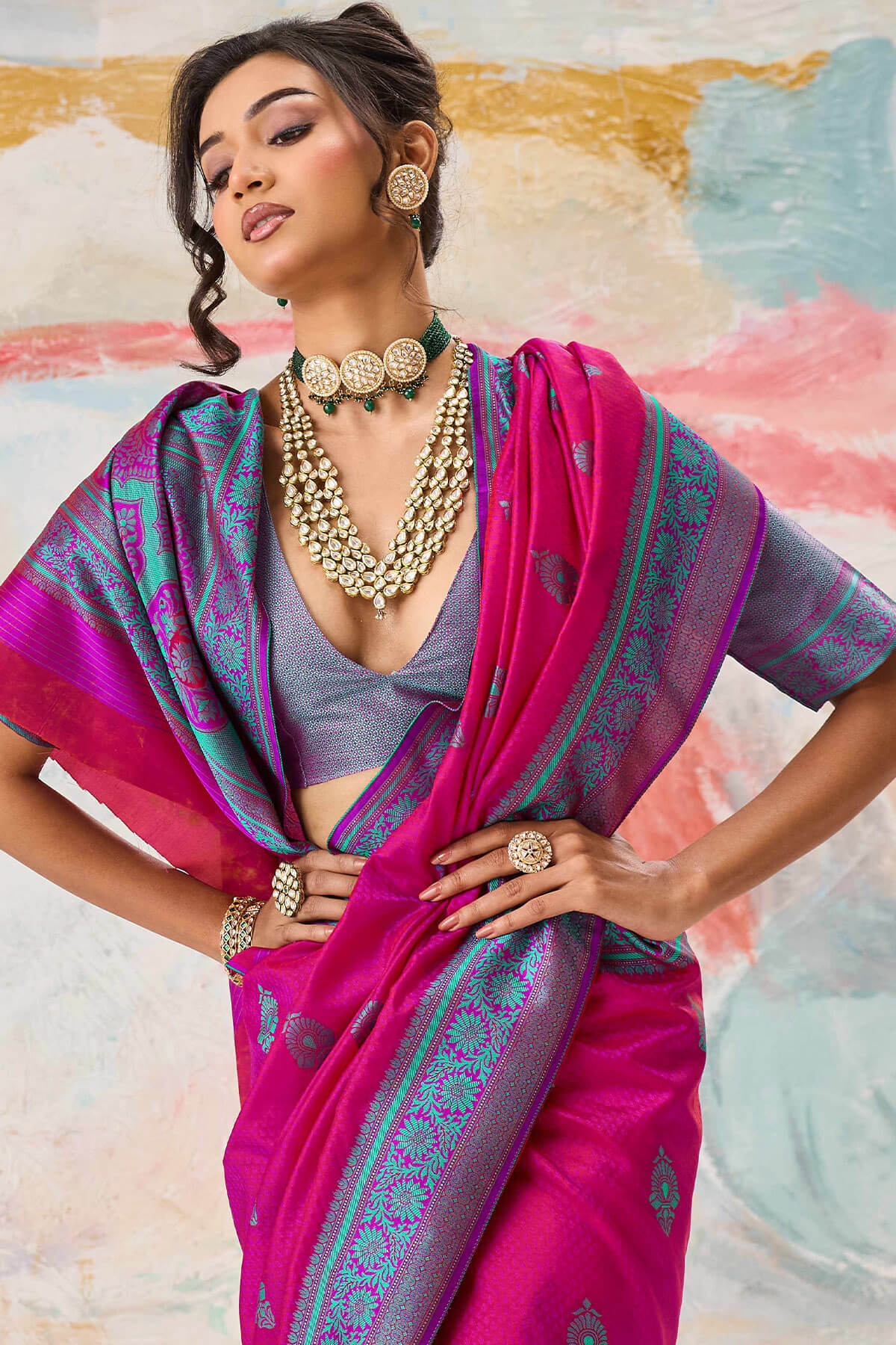 Denouement Dark pink Kanjivaram Silk Saree With Engrossing Blouse Piece