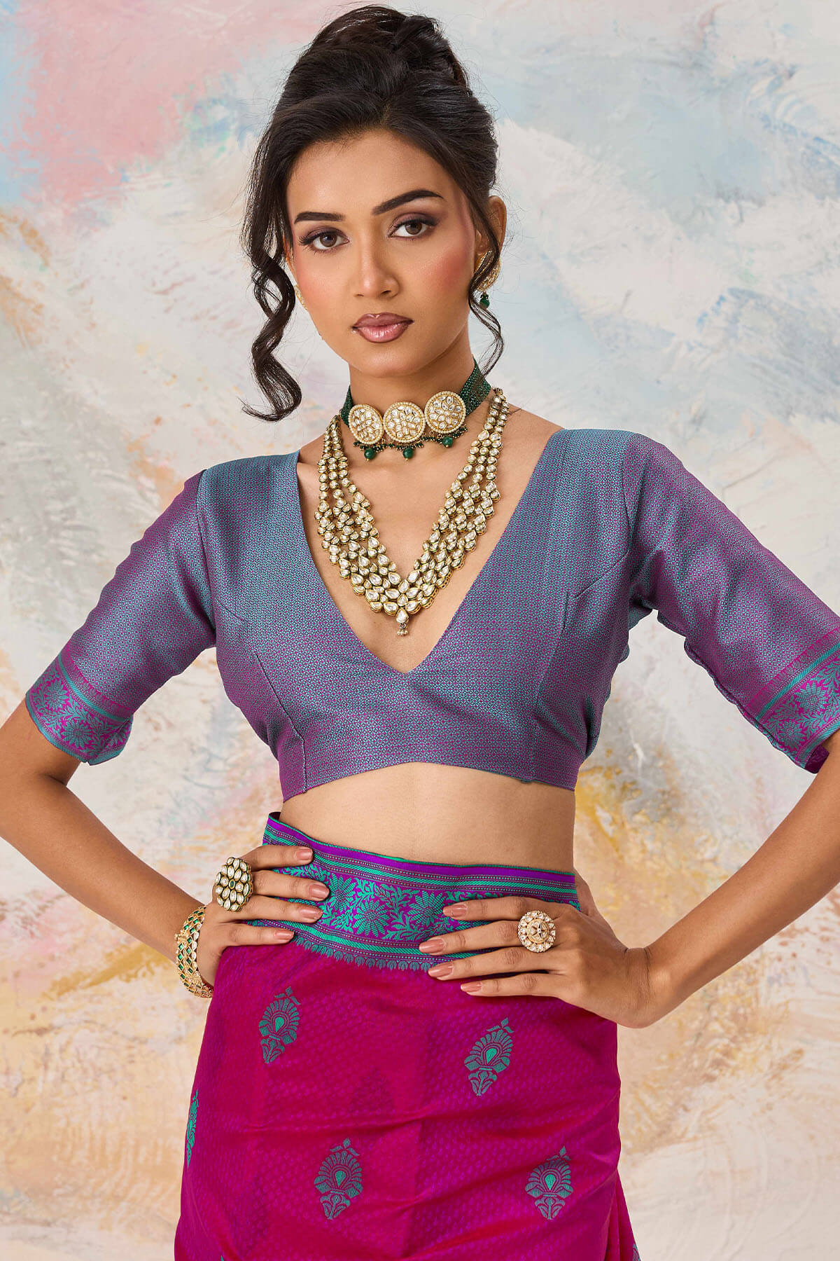 Denouement Dark pink Kanjivaram Silk Saree With Engrossing Blouse Piece