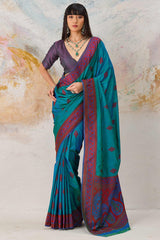 Eloquence Rama Kanjivaram Silk Saree With Divine Blouse Piece