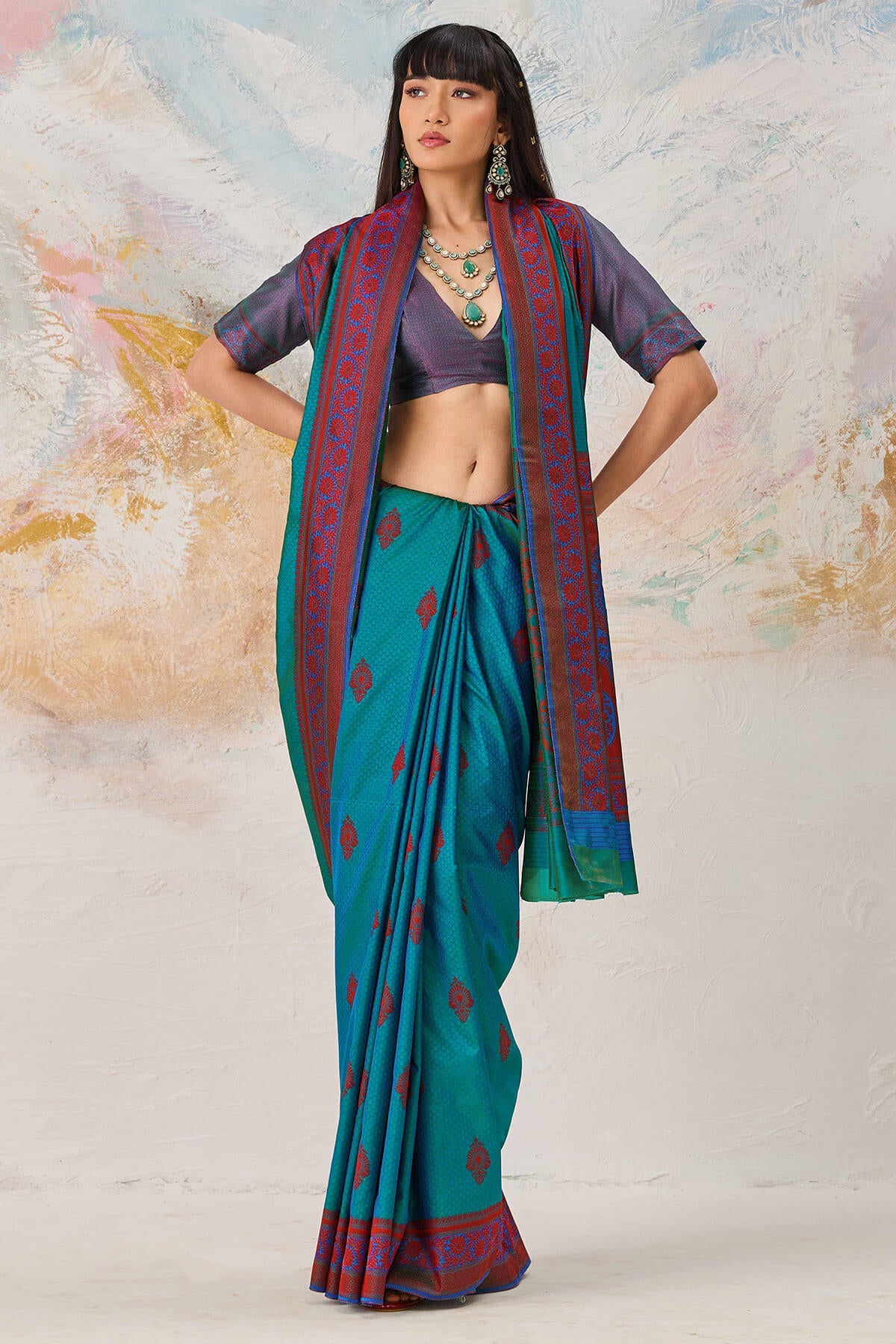 Eloquence Rama Kanjivaram Silk Saree With Divine Blouse Piece