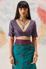 Eloquence Rama Kanjivaram Silk Saree With Divine Blouse Piece