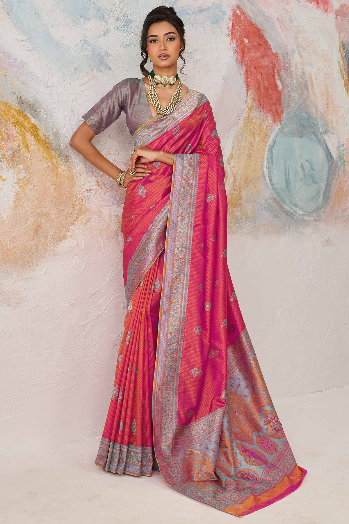 Enamoring Pink Kanjivaram Silk Saree With Magnificat Blouse Piece