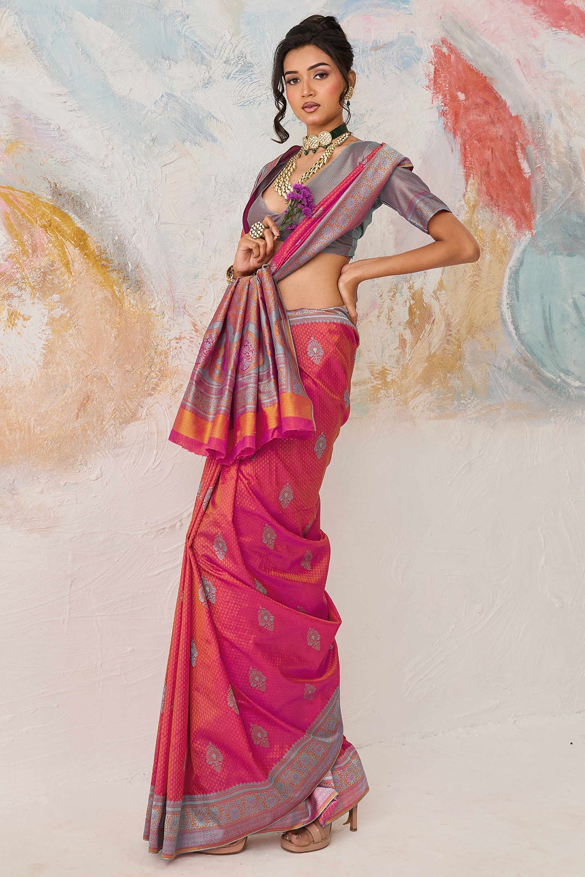 Enamoring Pink Kanjivaram Silk Saree With Magnificat Blouse Piece