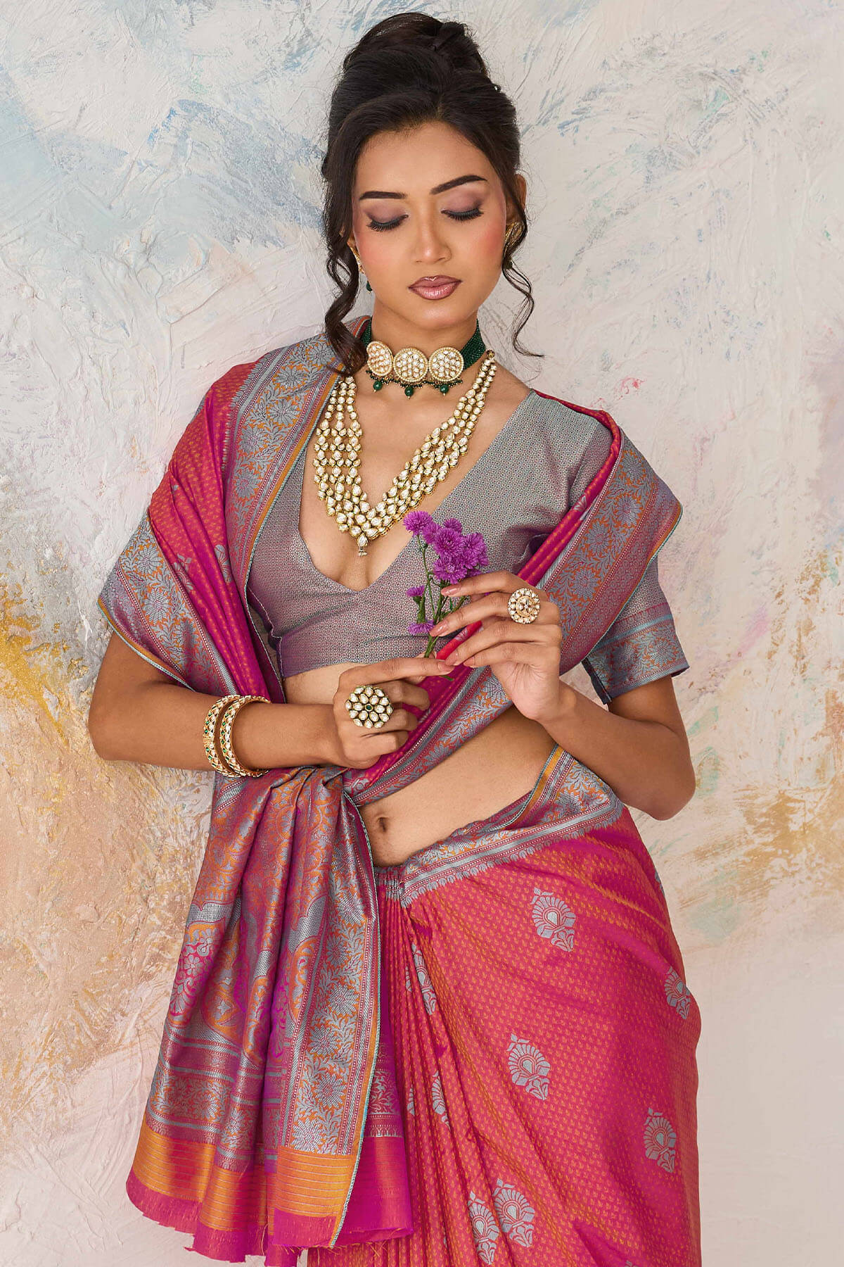 Enamoring Pink Kanjivaram Silk Saree With Magnificat Blouse Piece