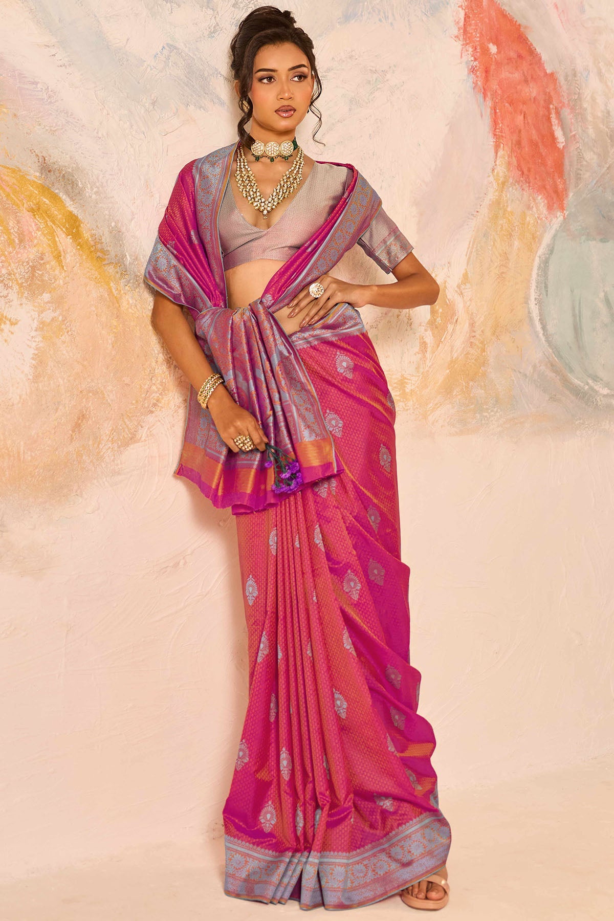Enamoring Pink Kanjivaram Silk Saree With Magnificat Blouse Piece