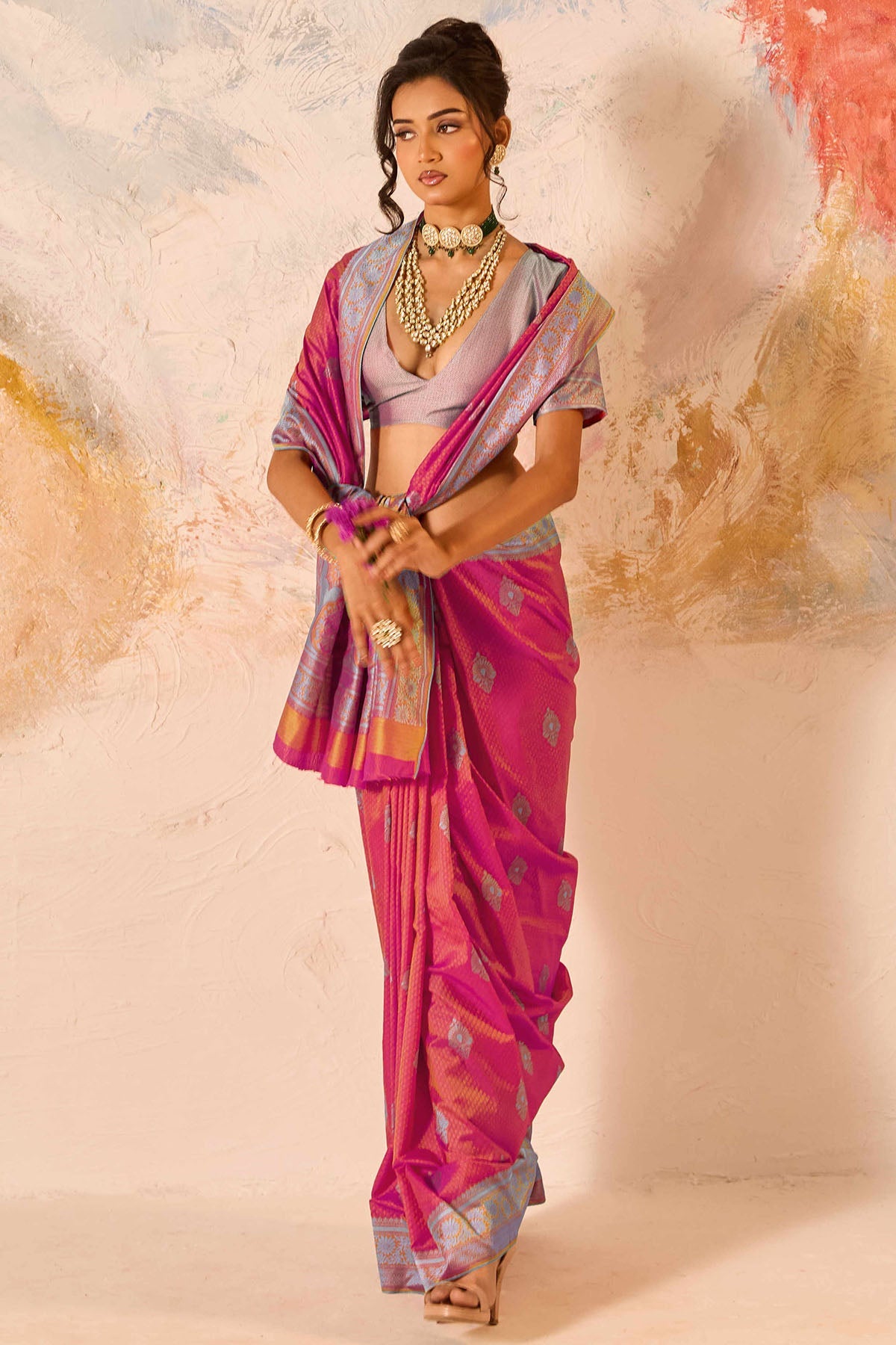Enamoring Pink Kanjivaram Silk Saree With Magnificat Blouse Piece