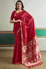 Improbable Maroon Pure Zari Weaving Banarasi Tussar Silk Saree With Marvellous Blouse Piece