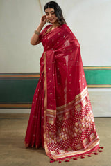 Improbable Maroon Pure Zari Weaving Banarasi Tussar Silk Saree With Marvellous Blouse Piece
