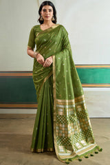 Bewitching Green Pure Zari Weaving Banarasi Tussar Silk Saree With Surreptitious Blouse Piece
