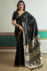 Unique Black Pure Zari Weaving Banarasi Tussar Silk Saree With Seraglio Blouse Piece